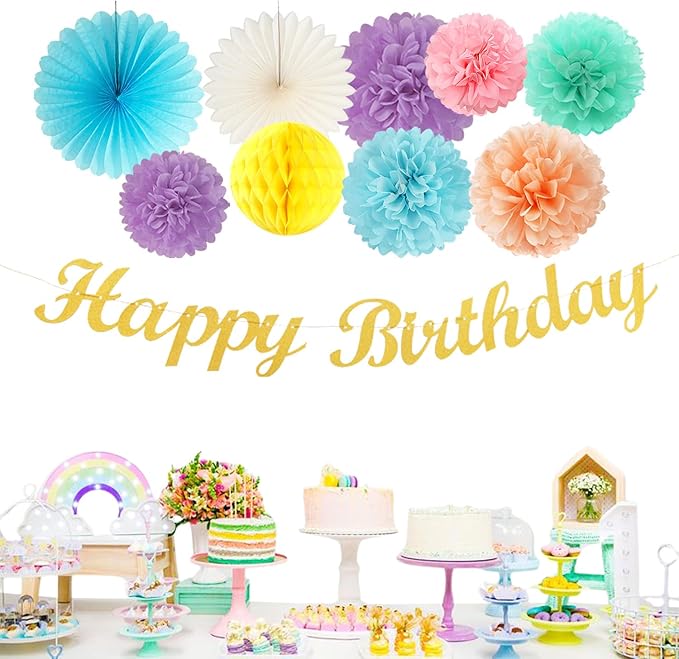 Pastel-Rainbow Colorful Birthday Party-Decorations Paper-Flowers - 14pcs Happy Banner Carnival Theme Lanterns Tissue Pom Poms,Macaron Streamers Garland Fans Honeycomb Hanging Supplies Decor Hugfond-Ruum Studio Home