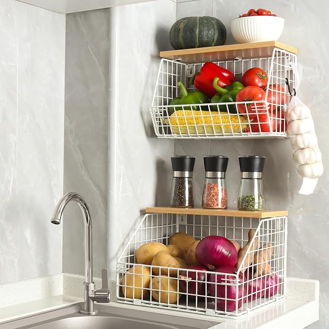 White Fruit Bowl, 2-Tier Fruit Basket for Kitchen Counter, Stackable Wall Mounted Veggie Storage, Snack Organizer, Potato and Onion Storage Basket, Hanging Pantry Organizer with Wood Lid, 2 Set-Ruum Studio Home