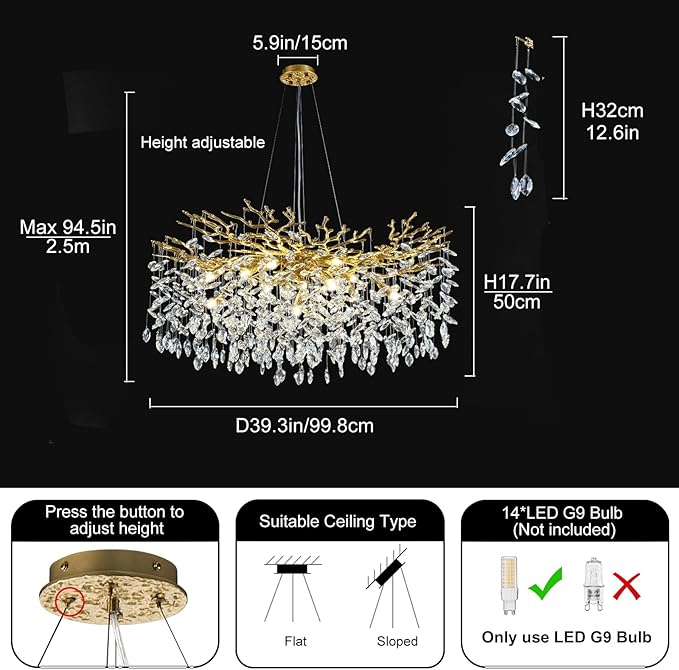 Modern Crystal Chandeliers for Dining Room Over Table, 40" Round Gold Tree Branche Chandelier, Large Crystal Chandelier for Living Room,High Ceiling,Foyer,Entryway,Kitchen Island,Staircase-Ruum Studio Home