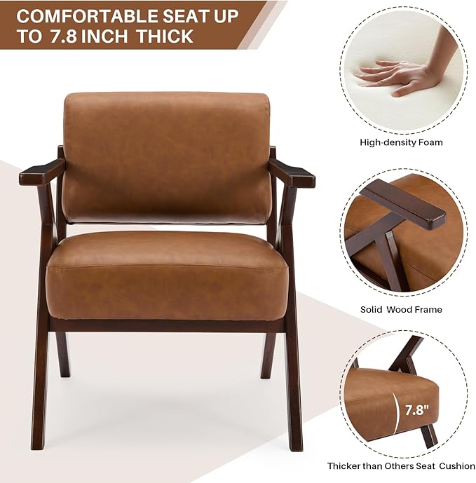 Mid-Century Modern Lounge Armchair - Genuine Brown Leather with Solid Wood X-Base Frame, Seat Cushion - for Living Room, Study, Balcony Retro Design, Brown Leather-Ruum Studio Home