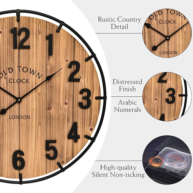 Large Old Town Farmhouse Wall Clock 20 Inches - Rustic Antique Wood with Metal Circle and Large Numerals Silent Battery Operated Wall Clock for Office Kitchen Bedroom Living Room-Ruum Studio Home