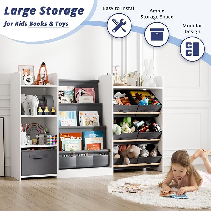 Kids Toy Book Storage Organizer - Large Bookshelf with 7 Removable Bins, Baby Bookshelf and Toy Storage, 4-Tier Book Shelf for Kids Room, Playroom, Classroom, 51 inch, White-Ruum Studio Home