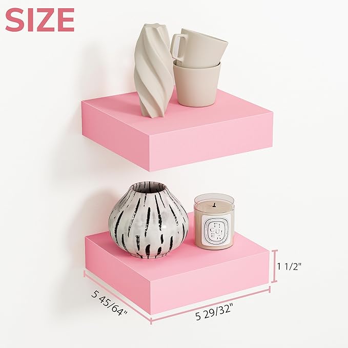 BAMEOS Pink Floating Shelves for Wall, 6" x 6" Wall Shelves for Room, Floating Book Shelves, Hanging Shelves for Bedroom, Bedroom, Living Room, Kitchen (Set of 2)-Ruum Studio Home