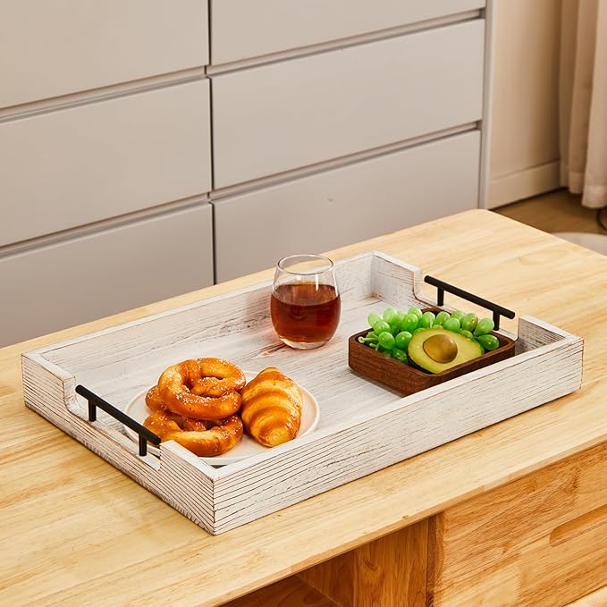 Ottoman Tray Large Serving Trays Farmhouse Decor Wooden Coffee Table Platter with Handles White Tray for Bed Kitchen Living Room 19 * 14Inch-Ruum Studio Home