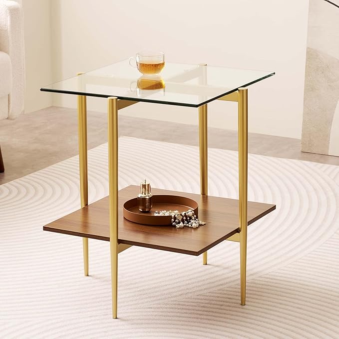 Glass End Table, Mid-Century Modern Design Sofa Table, for Living Room, 2-Tier Structure, Clear Glass Top and Walnut MDF Shelf, Sleek Conical Metal Legs with Gold Finish Frame-Ruum Studio Home