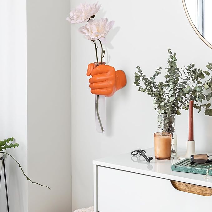 Orange Wall Sculptures, Hand Vases Home Decor, Wall Mount Art Sculpture, Unique Wall Art Statue, Funky Flower Vase Decorations, Modern Eclectic Hanging Decor,Glass Test Tube Vase (Orange)-Ruum Studio Home