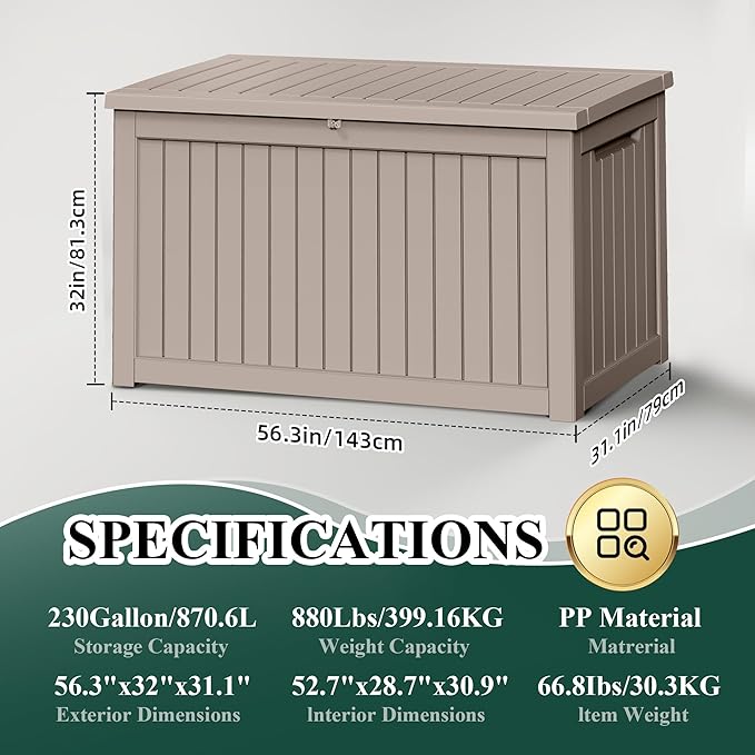 230 Gallon Outside Storage Box, Resin All Weather Storage Cabinet, Large Deck Box for Garden Tools, Patio Furniture, Sports Equipment, Light Brown-Ruum Studio Home