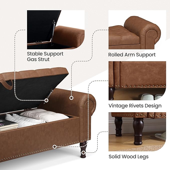51" Storage Ottoman Bench for Bedroom, Full Queen Storage Bench with Button, Upholstered Bedroom Bench with Rolled Arms for Living Room, Storage Room, Entryway, Brown-Ruum Studio Home