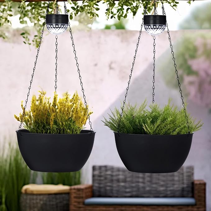 2 Packs Hanging Planters Basket for Outdoor Plants, Solar Powered Self Watering Black Round Plastic Flower Pots with Drainer for Balcony Patio Garden Outdoor Decoration-Ruum Studio Home