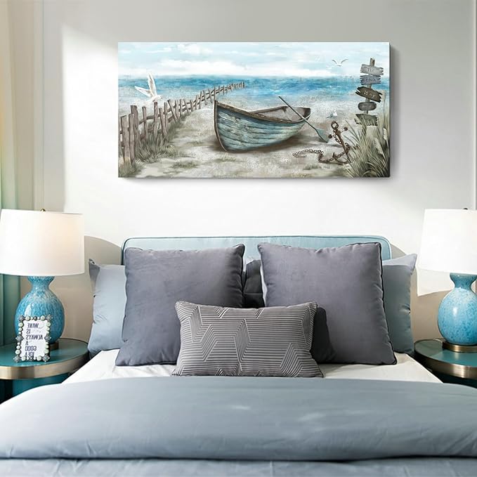 Wall Art for Living Room Large Beach Decor Picture Seagull Vintage Boat Artwork Ocean Sea Bird Canvas Print Seascape Nautical Painting Blue Teal Rustic Coastal Themed Cottage Bedroom Office Décor-Ruum Studio Home