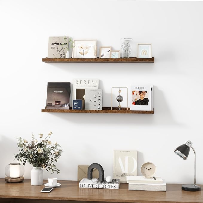 Picture Ledge Shelf, Wood Floating Shelves Set of 2, 36 inch Picture Ledge Shelves, Photo Ledge Nursery Book Shelves Wall Mounted for Living Room Kids' Room Bedroom, Color Brown-Ruum Studio Home
