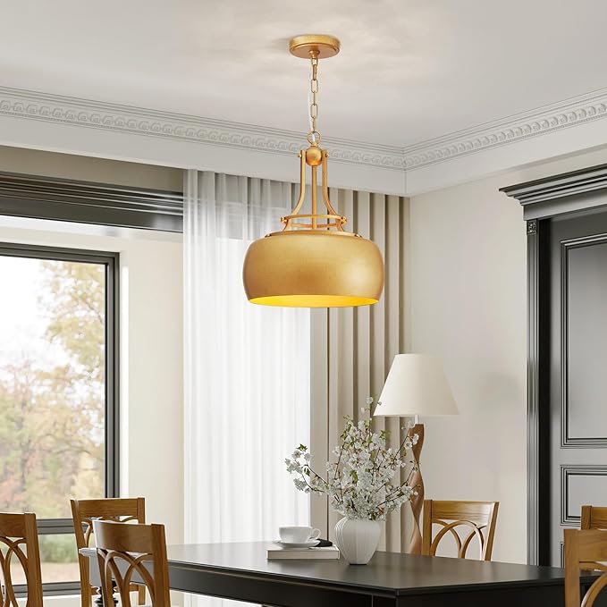 WUZUPS Chandelier Rustic Farmhouse Industrial Round Ceiling Pendant LED Light Fixture with Open Bottom Drum Shade, H 15.7" x W 13.4", Antique Gold-Ruum Studio Home