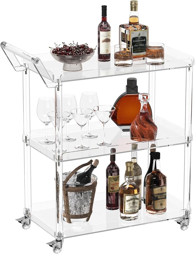 HMYHUM Acrylic Bar Cart with 4 Lockable Wheels, 30.5" L x 15.2" W x 34.5" H, Rolling Serving Cart for The Home Bar, Kitchen, Living Room, with Pulling Handle, Modern, 3-Tier, Clear-Ruum Studio Home