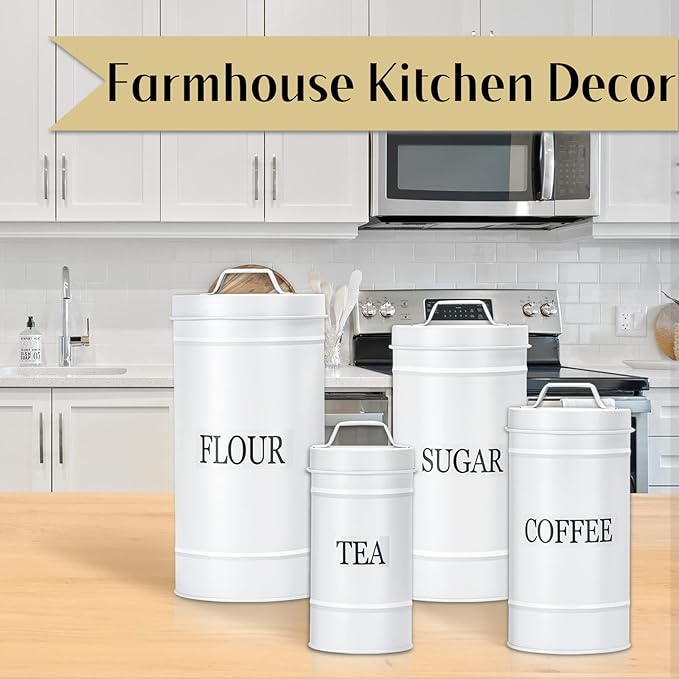 Farmhouse Canister Set for Kitchen Countertop, Airtight Nesting Kitchen Canisters Set of 4, Mental Flour Sugar Coffee Tea Storage Canister Jars, Vintage Country Design, White-Ruum Studio Home