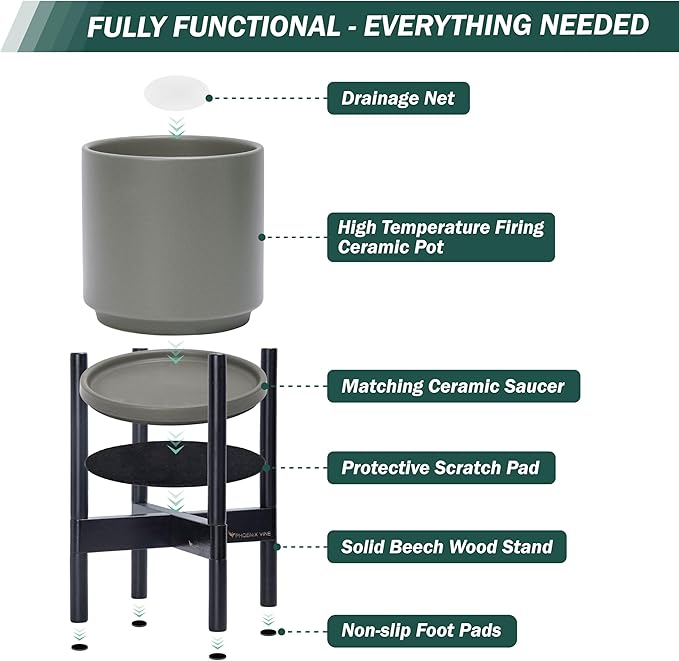 D'vine Dev Ceramic Planter with Ebony Stand - 8 Inch Modern Round Flower Pot with Wood Planter Holder, Grey, 55-B-M-3-Ruum Studio Home