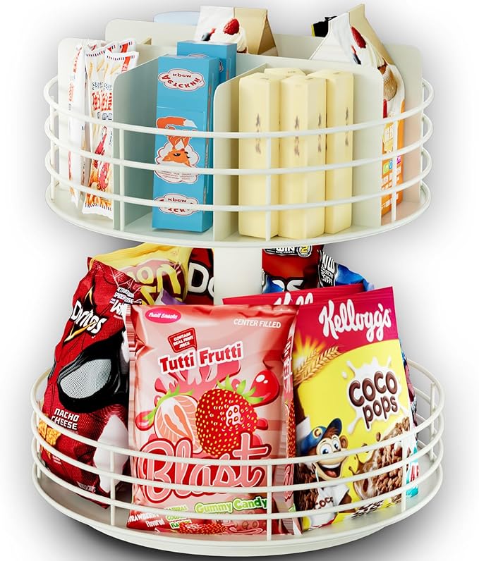 Snack Organizer - Versatile Snack Storage 2 Tier Lazy Susan with Convenient Grab-and-Go Design, Metal Snack Holder for Home, Office, Breakroom, 12.13" L x 12.13" W x 12.56" H (Matte White)-Ruum Studio Home