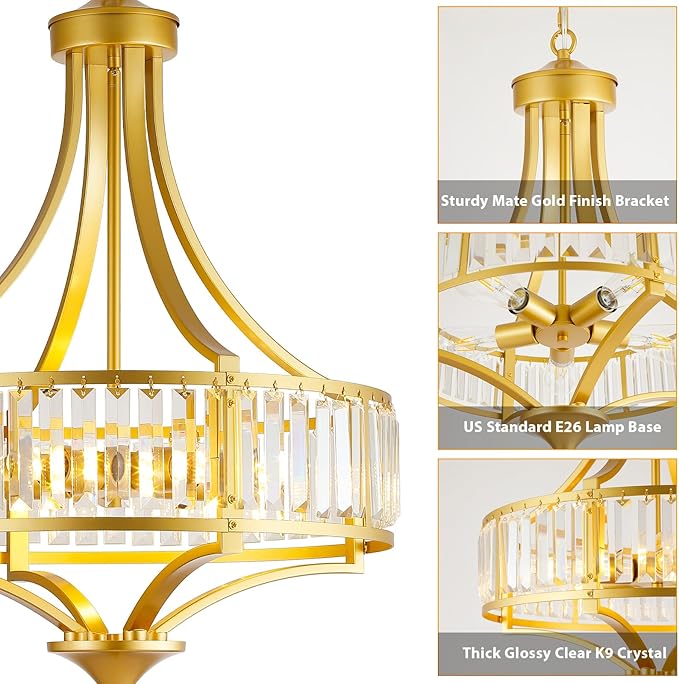 Modern Gold Crystal Chandelier, 20 Inch Large Ceiling Pendant Light Fixture with 50'' Adjustable Hanging Chain, 5-Light Farmhouse Chandelier for Dining Room, Living Room, Bedroom, Entryway-Ruum Studio Home