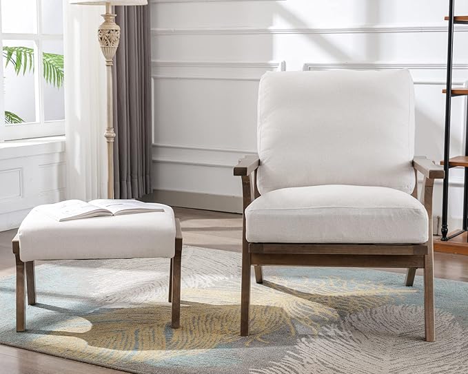 Mid Century Modern Accent Chair with Ottoman, Farmhouse Linen Upholstered Living Room Armchair and Ottoman Set, 23" Seat Wide Retro Leisure Lounge Chair with Wood Frame for Home, Bedroom, White-Ruum Studio Home