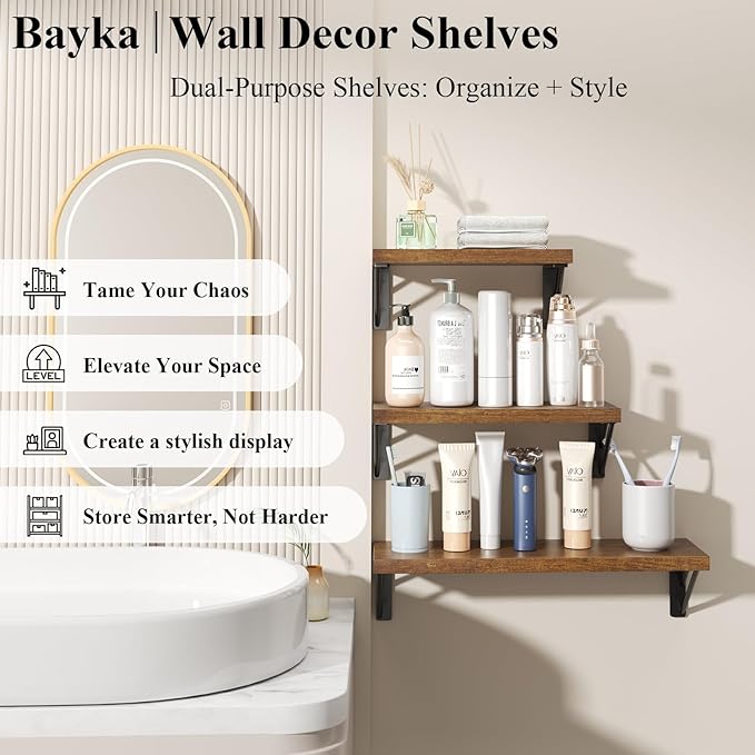 BAYKA Floating Shelves for Wall, Book Shelf for Bedroom, Wall Decor Shelves for Living Room Kitchen, Mounted Wood Floating Shelf for Home Decor, Corner Shelf for Bathroom, Office(Set of 3)-Ruum Studio Home
