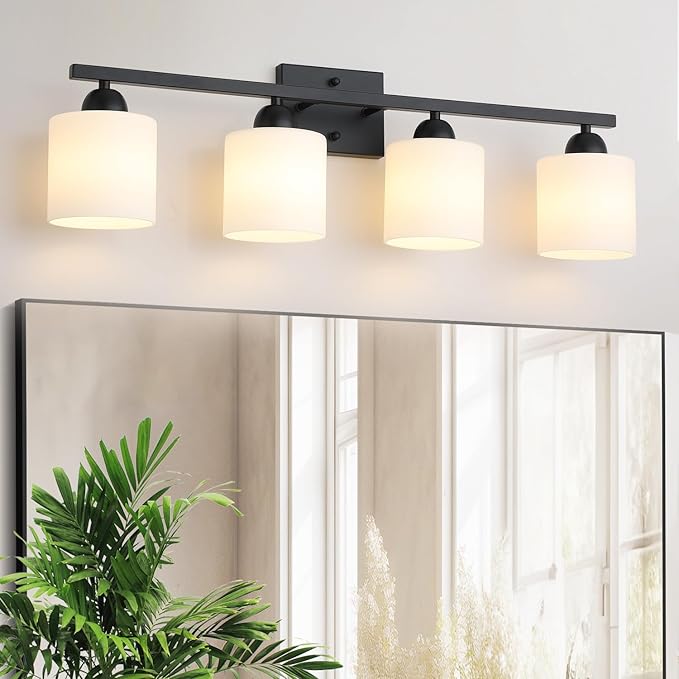 Milk Glass Vanity Lights for Bathroom, 4 Light Matte Black Bathroom Light Fixtures Over Mirror, Ceramic E26 Sockets Wall Mounted-Ruum Studio Home