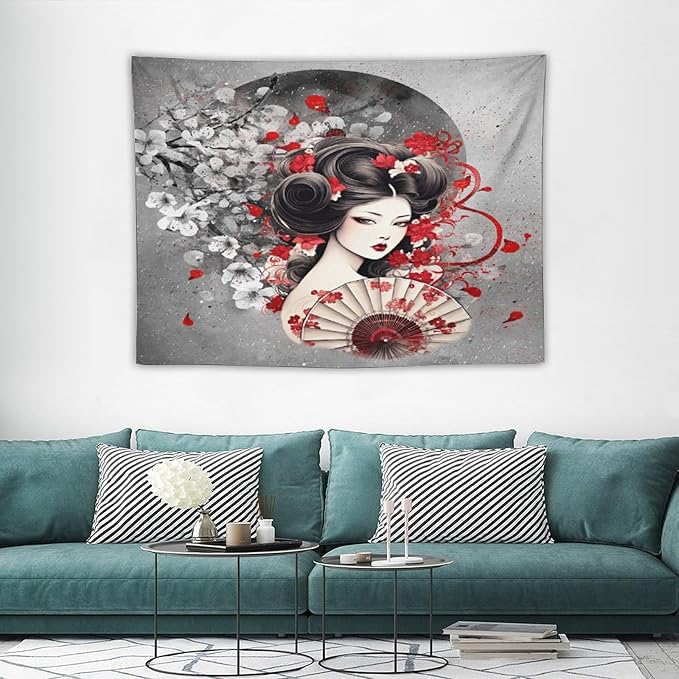 Japanese Geisha Tapestry Asian Red Cherry Blossom Red Sun Traditional Kimono Folk Tapestries Home Decor for Living Room Bedroom Apartment Farmhouse Dorm 40"x30"-Ruum Studio Home