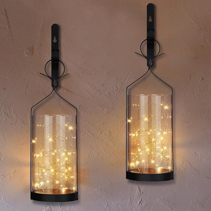 Metal Wall Sconce 35 Led Lantern Set of 2 - Black Wall Mounted Hanging Holder with Glass & Candles Vintage Wall Decor for Porch, Living Room, Dining Room, Bedroom Indoor Decor-Ruum Studio Home