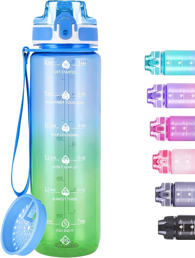 32oz Motivational Water Bottles with Time Marker & Fruit Strainer, Transparent Gradient Color Water Bottle with Times to Drink, Leakproof & BPA Free, Reusable Bottle with Strap (No Straw)-Ruum Studio Home