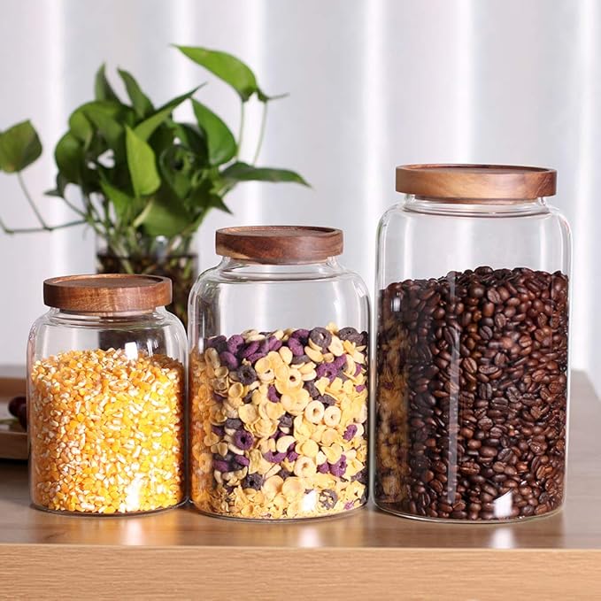 Glass Storage Jars with Airtight Lids, Set of 2 42 FL OZ (1250ml) coffee container with Wooden Lid, Glass Pantry Canister for Beans, Rice, Sugar and etc (6.3 inch high)-Ruum Studio Home