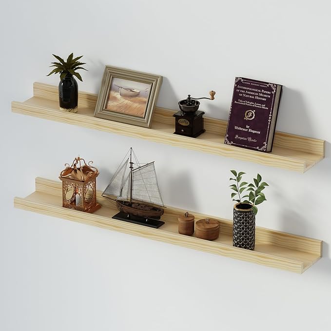 SAUMONIERES Picture Ledge Shelf Floating Book Shelves Set of 2 Wall Mounted Solid Wood for Bedroom Bathroom Living Room Kitchen, 36 Inch Natural-Ruum Studio Home