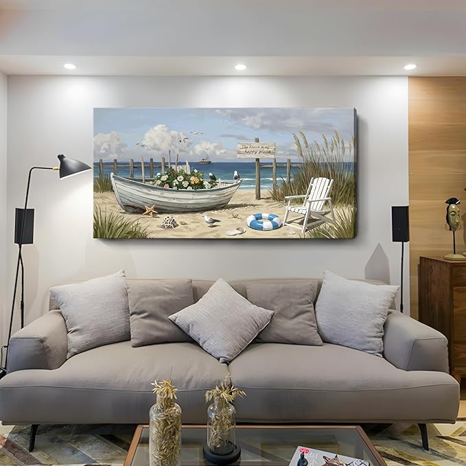 amatop Large Coastal Wall Art Nautical Beach Canvas Art Print Flower-Filled Boat on Sand Ocean Waves Seaside Seascape ArtworkSea Birds Marine Picture Home Decor for Living Room Bedroom Office 48×24 Inch-Ruum Studio Home