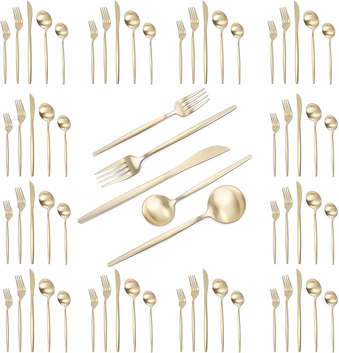 Matte Champagne Gold Silverware Set, 60-Piece Stainless Steel Flatware set, Service for 12, Tableware Cutlery Set, Satin Finish,Utensils for Kitchen, Dishwasher Safe-Ruum Studio Home