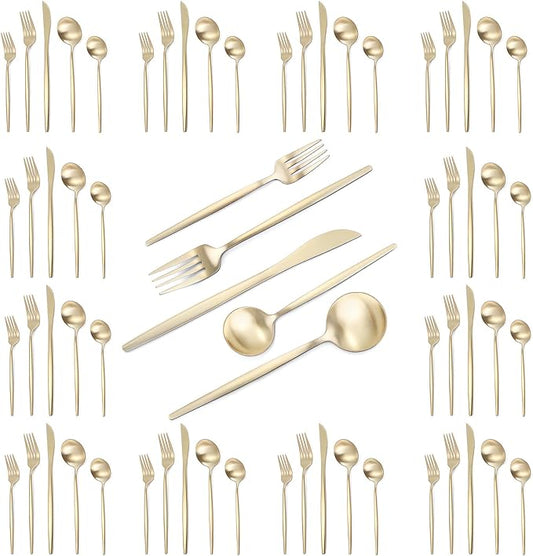 Matte Champagne Gold Silverware Set, 60-Piece Stainless Steel Flatware set, Service for 12, Tableware Cutlery Set, Satin Finish,Utensils for Kitchen, Dishwasher Safe-Ruum Studio Home