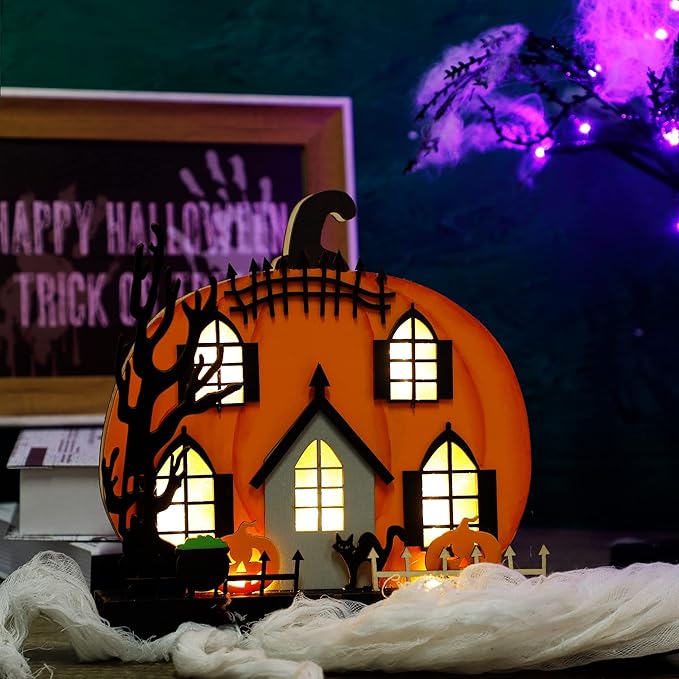 Lulu Home Halloween Tabletop Decoration, Wooden Lighted Pumpkin House Decoration Ornaments, Battery Operated Halloween Sign Indoor Fireplace Desk Kitchen Table Ornament, 9 x 9 x 2.1 INCH-Ruum Studio Home