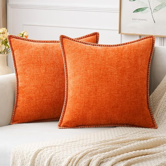 MIULEE Pack of 2 Fall Couch Throw Pillow Covers 20x20 Inch Bright Orange Farmhouse Decorative Pillow Covers with Stitched Edge Soft Chenille Solid Dyed Pillow Covers for Sofa Bed Living Room-Ruum Studio Home