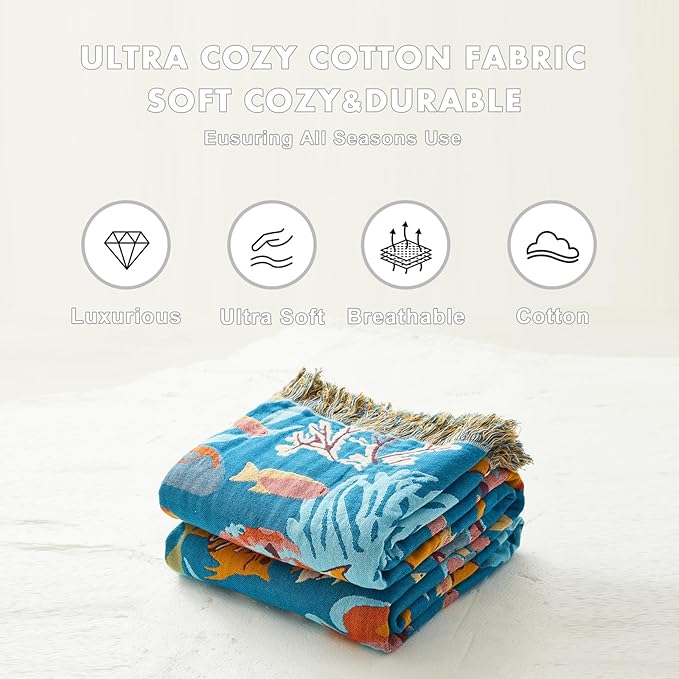 MSGKV Throw Blanket for Couch Bed Cotton Muslin Breathable Cute Ocean Animals Twin Size Blanket 60"x80" for All Seasons Lightweight Farmhouse Blankets-Ruum Studio Home