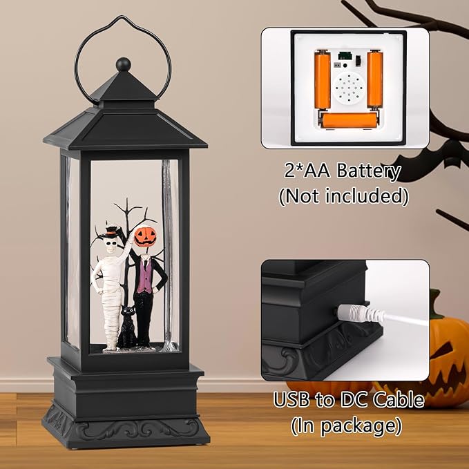 Halloween Snow Globes, Skull and Black Cat Scene Snow Globes, Glittering Lantern with Timer, Snow Globe Lantern USB or Battery Powered for Halloween Decor-Ruum Studio Home