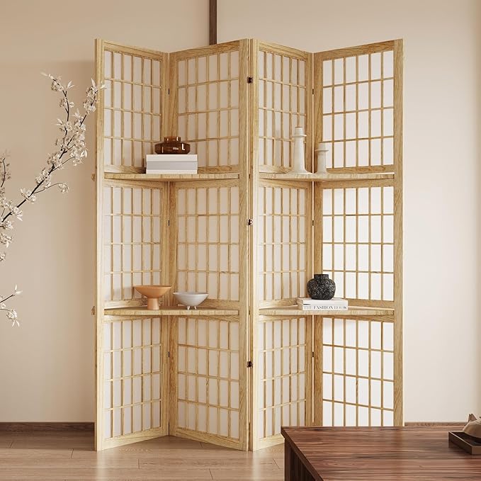 5.6FT Room Divider and Folding Portable Partition Screen, Chinese Japanese Shoji Style with Three Display Shelves for Room Separation - 4 Panel (Natural)-Ruum Studio Home