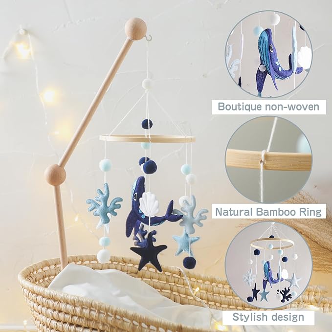 Baby Crib Mobile for Boys Girls - Ocean Animals Mobile for Crib, Gender Neutral Nursery Mobile, Baby Bassinet Mobile Toy for Soothing Sleep | Ceiling Mobile - Blue Whale, Shell, Coral, Starfish-Ruum Studio Home