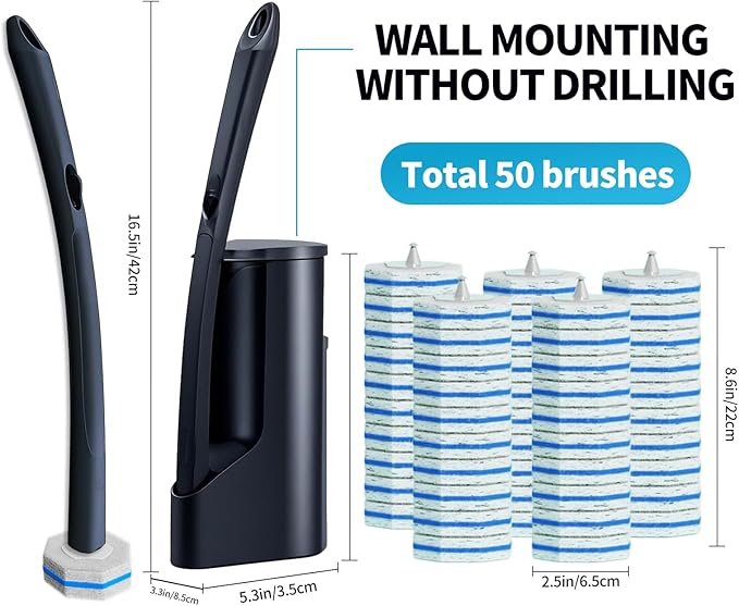 Disposable Toilet Brush with 50 Wand Cleaner Refills Pads，Wall Mounted Toilet Bowl Holder Set，Toilet Cleaning System Starter Kit，Bathroom Cleaning System for Sink Bathtub Wash Basin-Ruum Studio Home