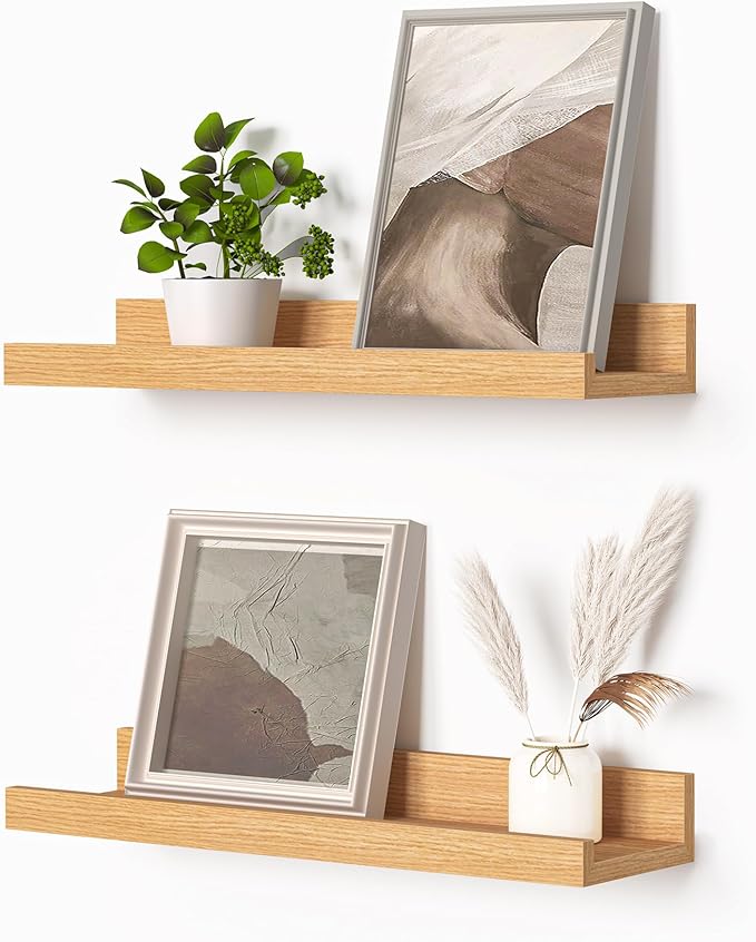 Heimlove Picture Ledge Shelf, Small Floating Shelves Set of 2, 16 Inches Picture Shelf for Wall with Ledge, Kids Bookshelf Wall Mounted for Living Room Bedroom Decor Books Photo Frames, Oak-Ruum Studio Home
