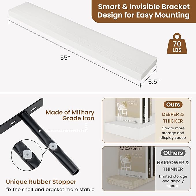 fuqing Floating Shelves for Wall, Bathroom Shelf Wall Mounted for Storage, Shelves with Invisible Bracket for Bedroom, Kitchen, Living Room, Farmhouse Small Book Shelf, 55 Inch Set of 2, White-Ruum Studio Home