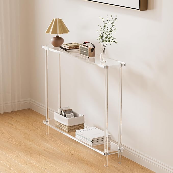 Acrylic Console Table, 2 Tier Acrylic Narrow Console Tables for Entryway,CHICUN, Square Legs, Skinny Console Table for Foyer, Sofa, Living Room,Clear-Ruum Studio Home