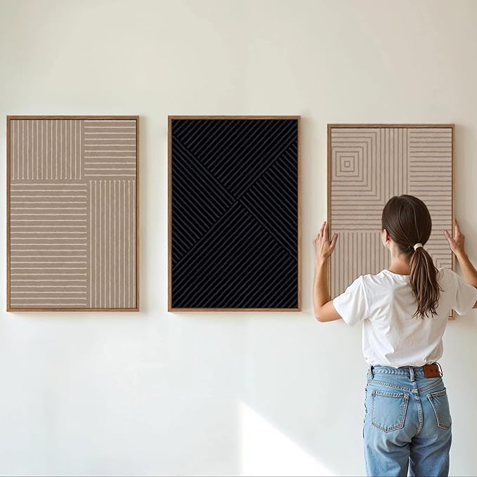 Tinonedraw Mid Century Modern Framed Canvas Wall Art Set of 3, Neutral Abstract Art Prints, Black and Brown Geometric Minimalist Wall Decor for Living Room Bedroom Office Dining Room 16"x24"x3-Ruum Studio Home