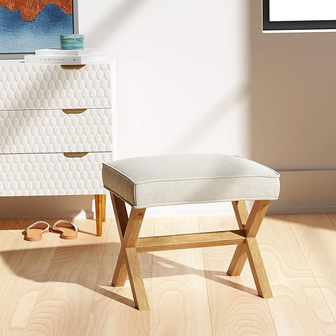 Amazon Basics Small Ottoman Foot Rest, Mid-Century Modern X Square Polyester Foot Stool, Linen, Ivory White, 18"D x 19.8"W x 18.3"H (Previously Rivet Brand)-Ruum Studio Home