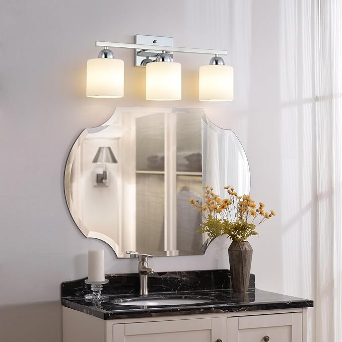Stainless Steel Milk Glass Vanity Lights for Bathroom, 3 Light Chrome Bathroom Light Fixtures Over Mirror, Ceramic E26 Sockets Wall Mounted-Ruum Studio Home