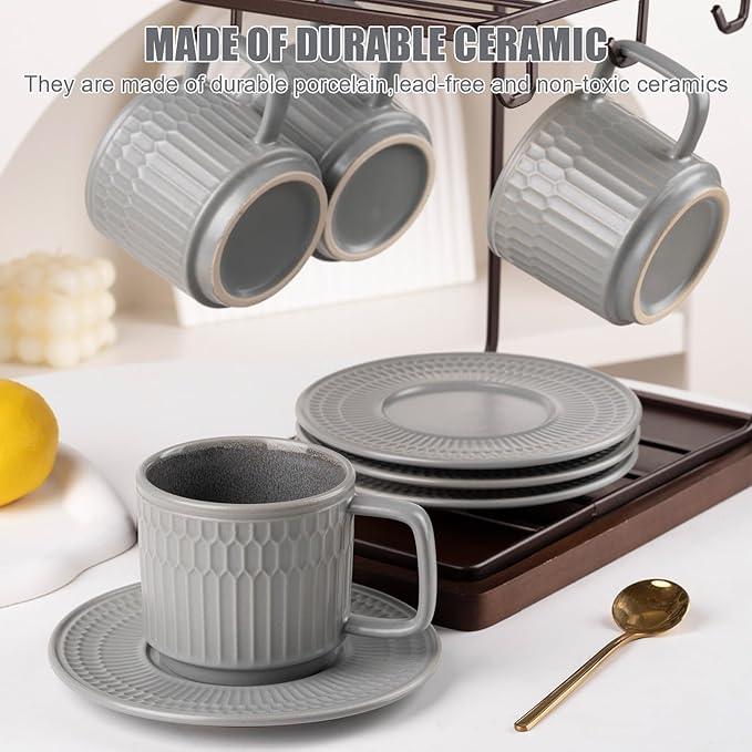 Large Cappuccino Cups with Saucers Set of 4, 8 Ounce Stackable Embossed Ceramic Coffee Mugs for Specialty Coffee Drinks, Latte, Cafe Mocha and Tea, Dishwasher & Microwave Safe (Grey)-Ruum Studio Home