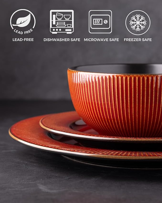 GBHOME Ceramic Dinnerware Sets,12 pcs Embossed Elegant Stoneware Plates and Bowls Sets, Housewarming Wedding Gift | Dishwasher & Microwave Safe | Dishes Set Service for 4-Ruum Studio Home