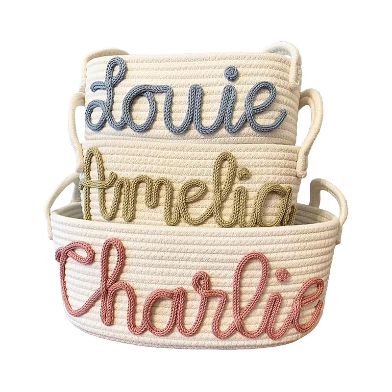 Personalized Baby Name Basket, Custom Woven Baby Shower Gift Basket with Cotton Rope Handle Baby Diaper Nursery Shelf Storage Basket Bin for Kids' Bedroom (Style 1)-Ruum Studio Home