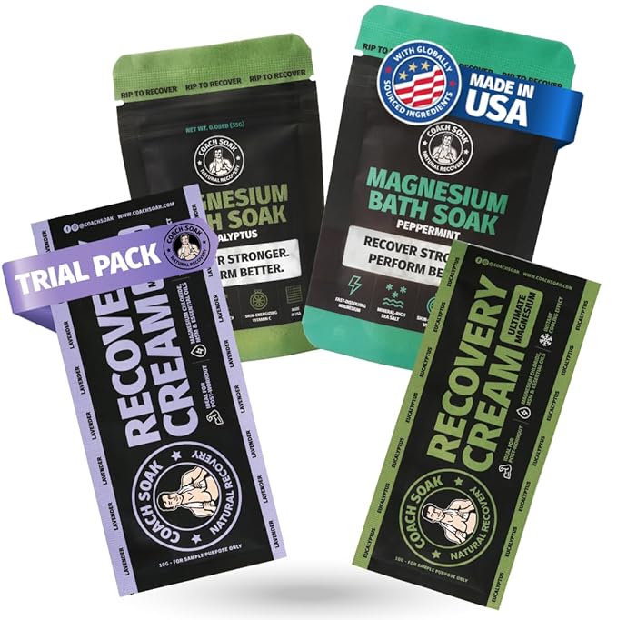 Coach Soak Magnesium Flakes & Lotion Trial Pack - Soothing Menthol Lotion & Bath Soak - 0.18 Lb Sachets - Lavender, Eucalyptus & Peppermint Scents-Ruum Studio Home