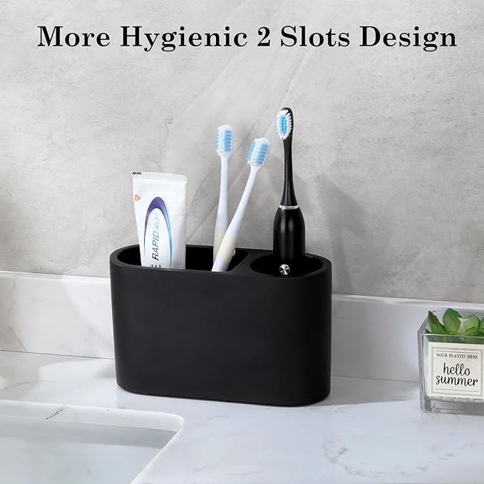 Luxspire Toothbrush Holder, 2 Slots Toothbrush and Toothpaste Holdersfor Bathrooms, Resin Toothbrush Holder Electric Toothbrush Stand for Vanity Countertop, Bathroom Accessories, Matte Black-Ruum Studio Home